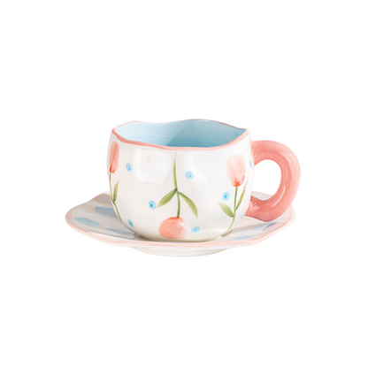 Pink Floral Coffee Mug and Plate Set