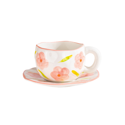 Pink Floral Coffee Mug and Plate Set