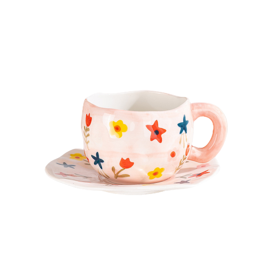 Pink Floral Coffee Mug and Plate Set