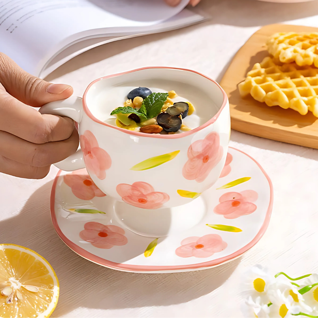 Pink Floral Coffee Mug and Plate Set