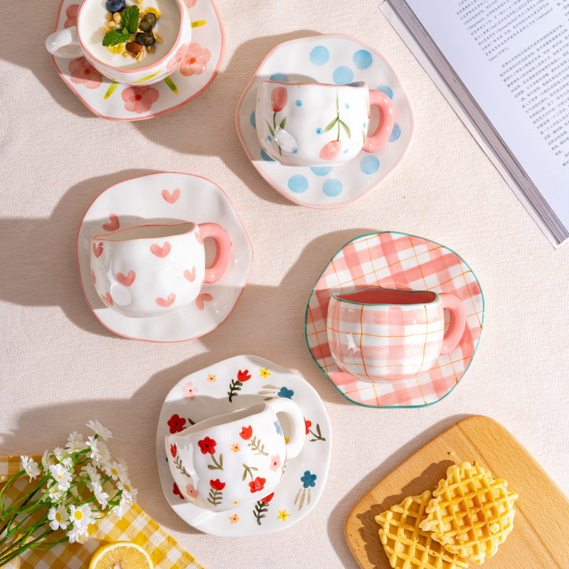 Pink Floral Coffee Mug and Plate Set