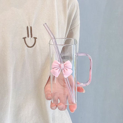 Pink Ribbon Square Shaped Glass Cup for Coffee