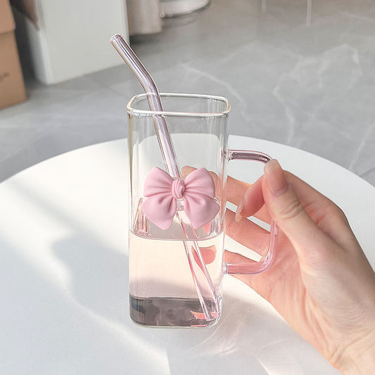 Pink Ribbon Square Shaped Glass Cup for Coffee